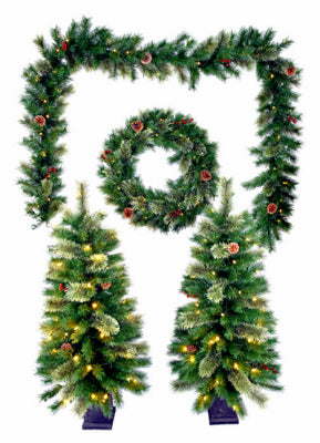 Pre-Lit Christmas Greenery Set, 50 Warm White LED Lights/Tree, 5-Pc.