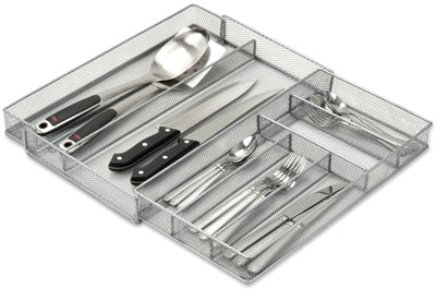 Organizador de cajones, expandible, malla de acero plateada, 16,5 x 20,25 x 2 pulgadas.