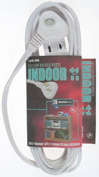 Coleman Cable 94198901 11' 16/2 White Slenderplug Indoor Cube Tap Extension Cord