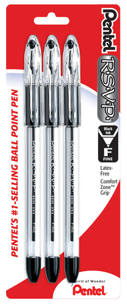 Bolígrafos de punta fina Rsvp de Pentel Bk90bp3a, color negro, paquete de 3