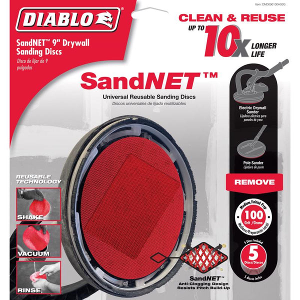Almohadilla para lijar paneles de yeso de grano medio Diablo SandNet de 9 pulg. de largo y 9 pulg. de ancho, mezcla de cerámica, grano 100