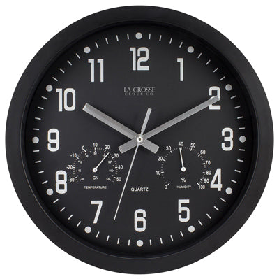 Reloj de pared, negro, con temperatura/humedad, 12 pulgadas.