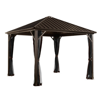 Gazebo Dakota, aluminio marrón + red, 10 x 10 pies.