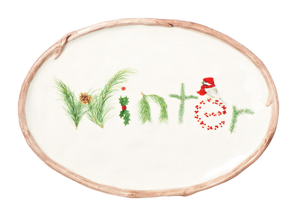 Roman Oval Winter Platter Christmas Decoration White Dolomite 1 pk