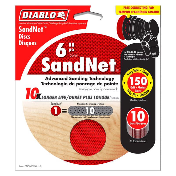Disco de lijado con gancho y bloqueo de mezcla de cerámica de 6 in de Diablo SandNet, grano fino de 150, paquete de 10