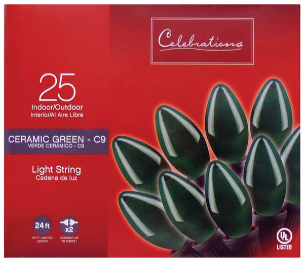 Celebraciones - Cadena de luces incandescentes verdes de 25 unidades, 24 pies