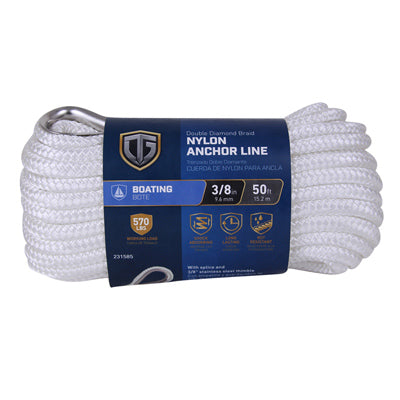 Cuerda de anclaje, trenzada con doble diamante, blanca, 3/8 pulg. x 50 pies.