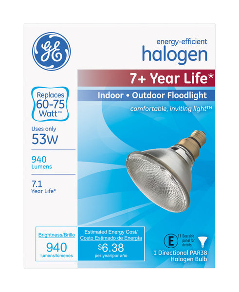 GE White 53W 120V 2700K 100 CRI 940 lm. E26 Base PAR38 Floodlight Halogen Bulb 5.3 L x 4.75 Dia. in.