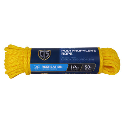 Cuerda de polipropileno, núcleo hueco, amarilla, 1/4 pulg. x 50 pies.