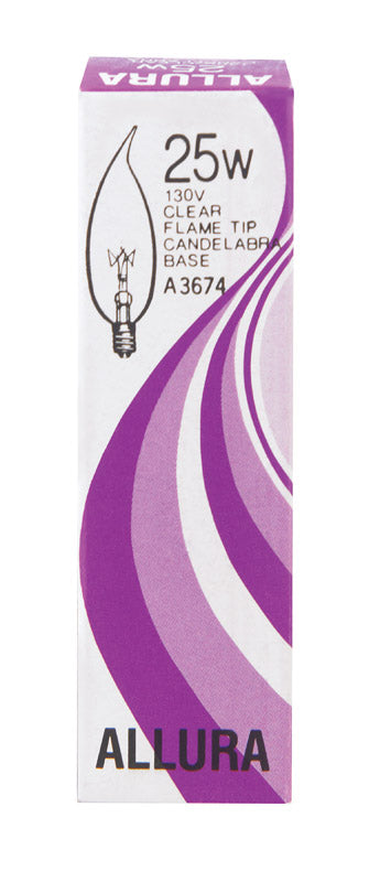 Satco ALLURA 25 watts CA9 Chandelier Incandescent Bulb E12 (Candelabra) Soft White 1 pk (Pack of 25)