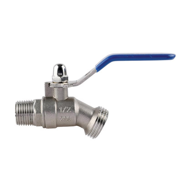 Grifo para manguera de acero inoxidable Homewerks Worldwide con punta acodada, MIP de 1/2 in. X rosca para manguera de jardín de 3/4 in.