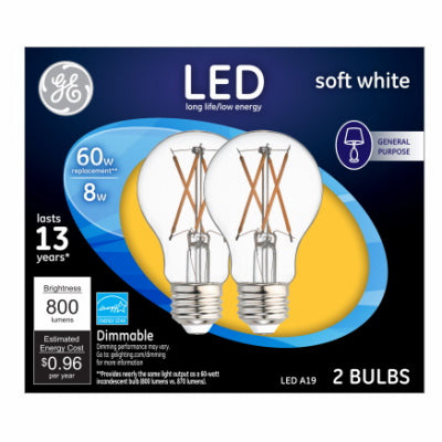 GE A19 E26 (Medium) LED Light Bulb Soft White 60 Watt Equivalence 2 pk