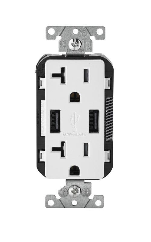 Leviton Decora 20 amps 125 V Duplex White Outlet and USB Charger 5-20R 1 pk