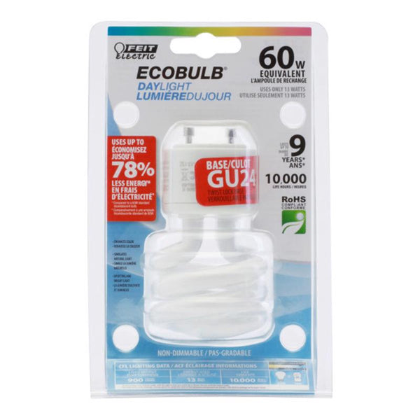 Bombilla fluorescente compacta Feit Mini Twist de 13 W, 2,09 pulg. de diámetro y 3,6 pulg. de largo, espiral de luz diurna de 6500 K, paquete de 1