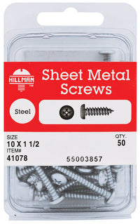 Hillman No. 10 x 1-1/2 in. L Phillips Pan Head Zinc-Plated Steel Sheet Metal Screws 50 pk (Pack of 5)