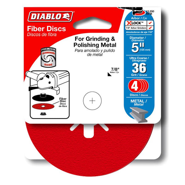 Disco de fibra de óxido de aluminio DIablo de 5 pulgadas con montaje central, grano 36, extra grueso, paquete de 1