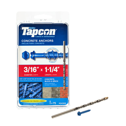 Tapcon 3/16 in. Dia. x 1-1/4 in. L Steel Hex Head Concrete Screw Anchor 75 pk