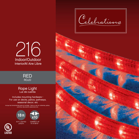 Celebrations Incandescent Mini Red 216 ct Rope Christmas Lights 18 ft.