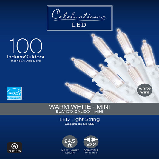 Celebrations LED Mini Warm White 100 ct String Christmas Lights 24.5 ft. (Pack of 12)