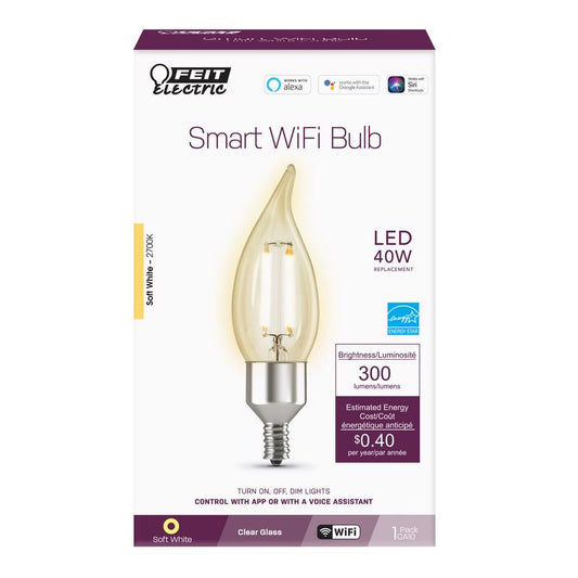 Feit Smart Home Flame Tip E12 (Candelabra) Smart-Enabled LED Smart Bulb Soft White 40 Watt Equivalen
