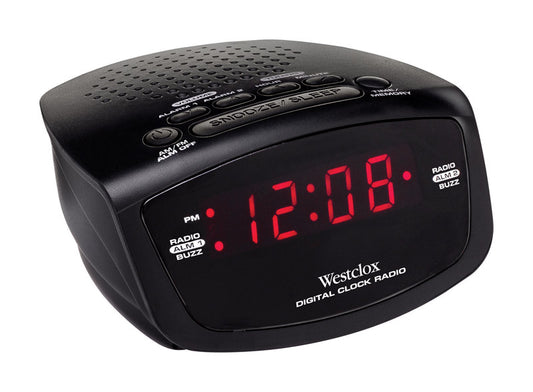 Westclox Black Plastic Buzzer Alarm Plug-In Digital AM/FM Clock Radio