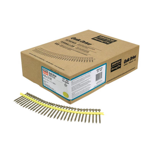 Tornillos para terraza Simpson Strong-Tie Quick Drive n.° 10, 2-1/2 pulg. de largo, color tostado, con cabeza plana y acanalada, 1000 unidades (caja abierta)