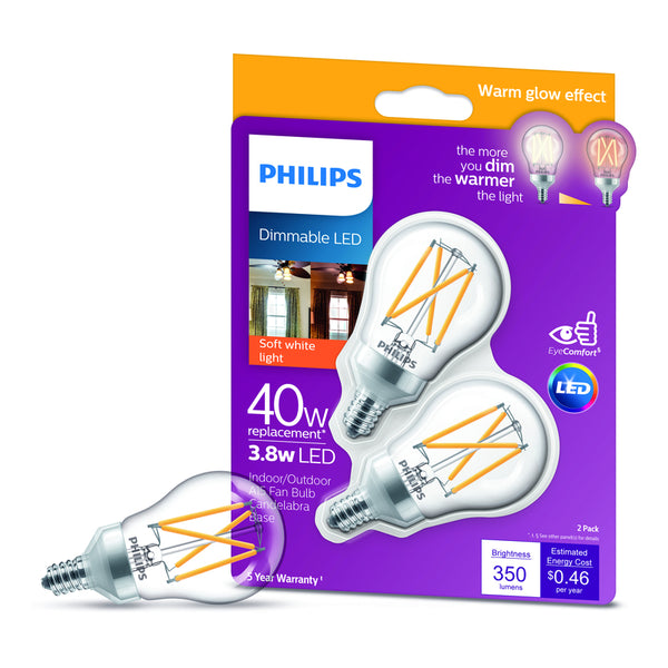 Bombilla LED Philips A15 E12 (Candelabro), luz blanca suave, equivalente a 40 vatios, paquete de 2