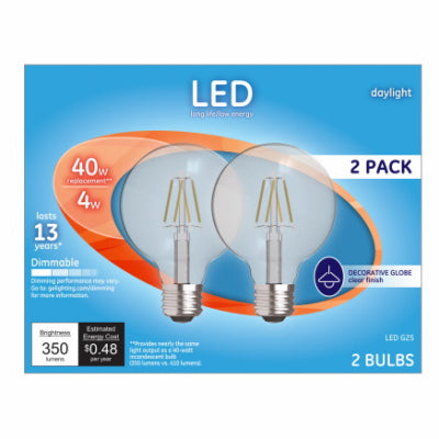 GE G25 E26 (Medium) LED Light Bulb Daylight 40 Watt Equivalence 2 pk