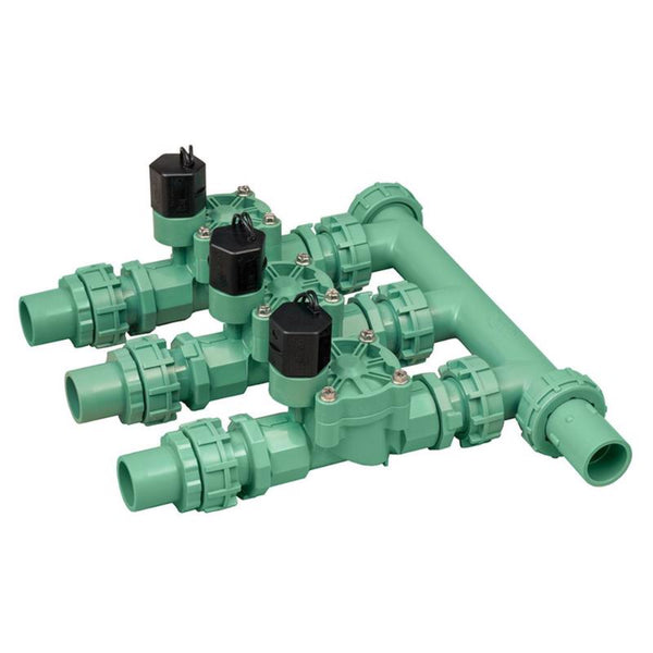 Colector preensamblado de 3 válvulas Orbit PVC 24 V 150 PSI de 3/4 pulg.