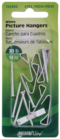 Hillman AnchorWire Steel-Plated White Standard Picture Hanger 30 lb. 6 pk (Pack of 10)