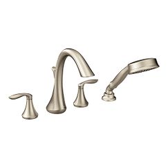 Brushed nickel two-handle high arc roman tub faucet includes hand shower