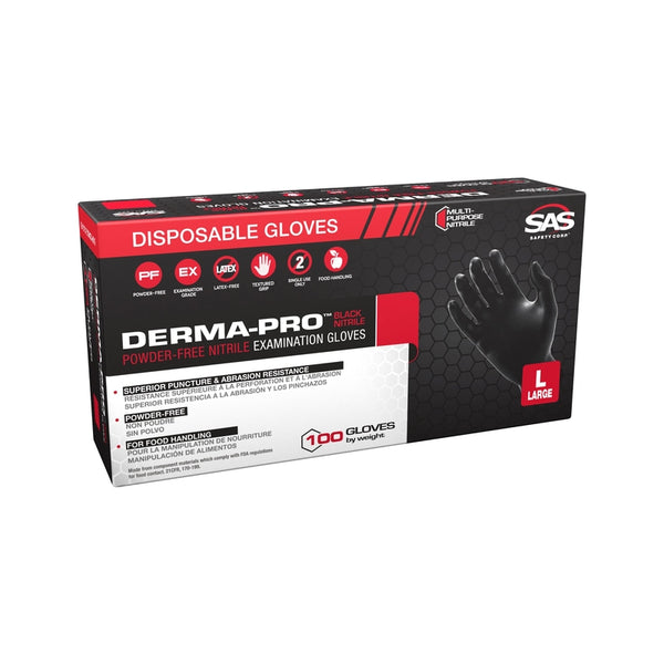 Guantes desechables de nitrilo SAS Safety Derma-Pro, grandes, negros, sin polvo, paquete de 100