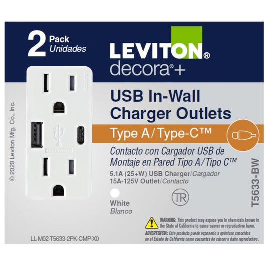 Leviton Decora 15 amps Type A/C Duplex White Outlet and USB Charger 5-15 R 2 pk