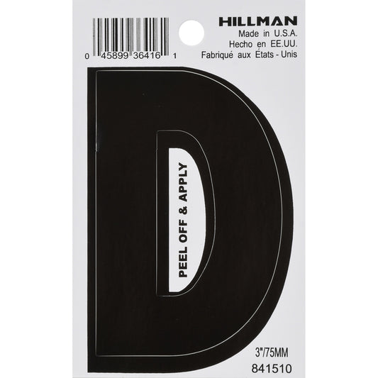 Hillman 3 in. Black Vinyl Self-Adhesive Letter D 1 pc (Pack of 6)