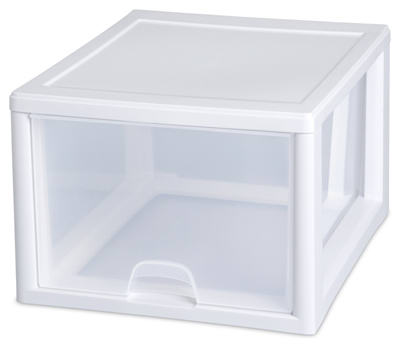 Sterilite 27 Quart Clear & White Plastic Storage Bin with One Drawer, 16 Pack