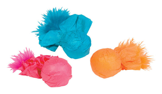 Kylies Brights Assorted Plastic Paper Ball Rattlers with Feather Cat Toy Large 3 pk