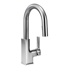 Chrome one-handle high arc pulldown bar faucet