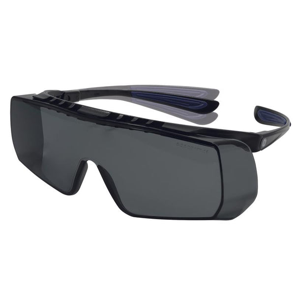 Gafas de seguridad resistentes a impactos General Electric serie 12 OTG, lentes ahumadas, marco negro/azul, paquete de 1