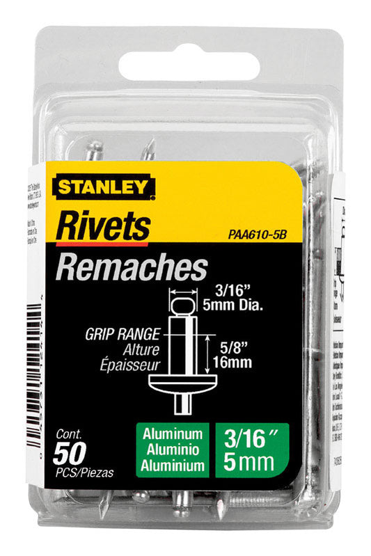 Stanley 3/16 in. D X 5/8 in. Aluminum Blind Rivets Silver 50 ct