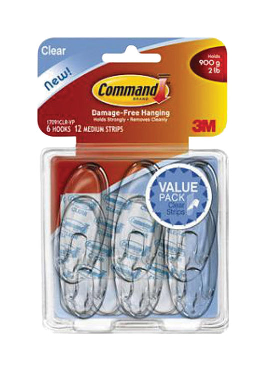 Command Strips 17091CLR-6ES Medium Clear Hanging Hooks With CommandΓäó Adhesive Strips