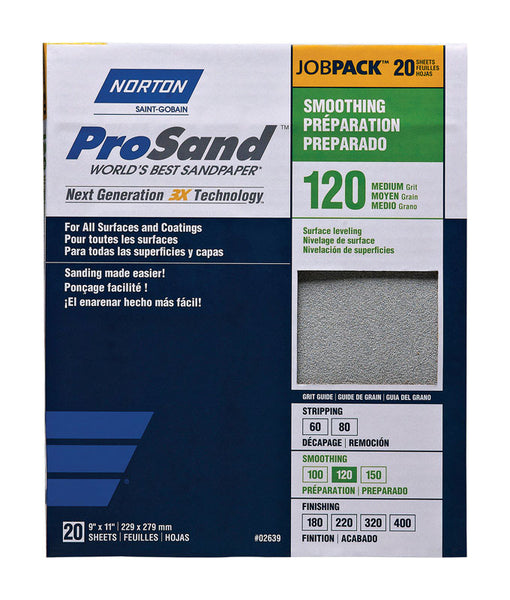 Papel de lija de óxido de aluminio Norton ProSand de 11 pulgadas de largo x 9 pulgadas de ancho, grano 120, paquete de 20 (paquete de 20)