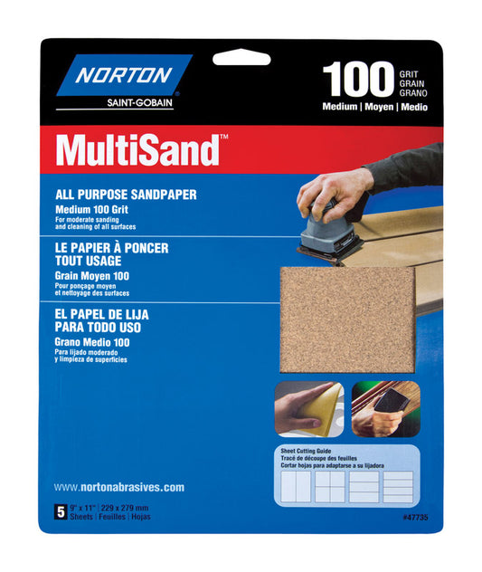 Norton MultiSand 11 in. L X 9 in. W 100 Grit Aluminum Oxide All Purpose Sandpaper 5 pk