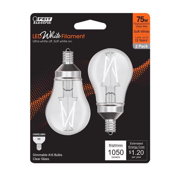 Bombilla LED Feit White Filament A15 E12 (Candelabro), color blanco suave, equivalente a 75 vatios, paquete de 2 (caja abierta)