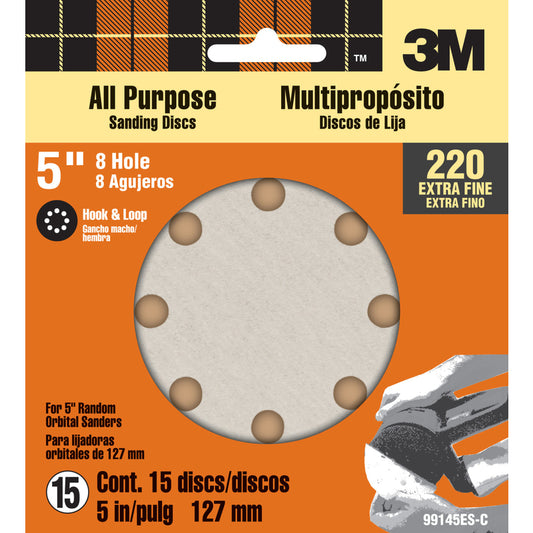3M 5 in. Aluminum Oxide Hook and Loop Sanding Disc 220 Grit Extra Fine 15 pk