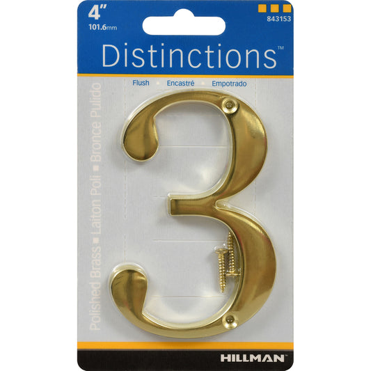 Hillman Distinctions 4 in. Gold Brass Screw-On Number 3 1 pc (Pack of 3)