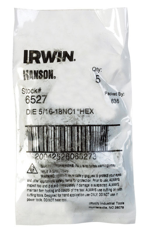 Irwin Hanson High Carbon Steel SAE Hexagon Die 5/16 in.-18NC 1 pc. (Pack of 5)