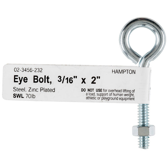 Hampton 3/16 in. x 2 in. L Zinc-Plated Steel Eyebolt Nut Included (Pack of 10)