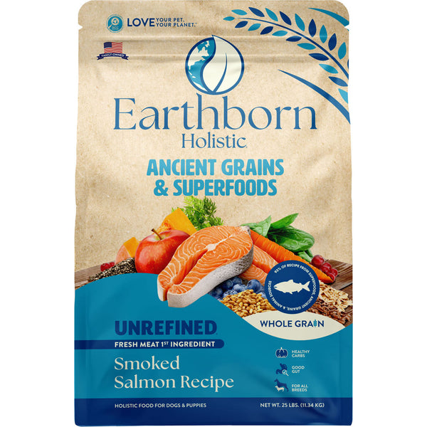 Alimento holístico para perros Earthborn de grano entero sin refinar, salmón ahumado, 25 lb.