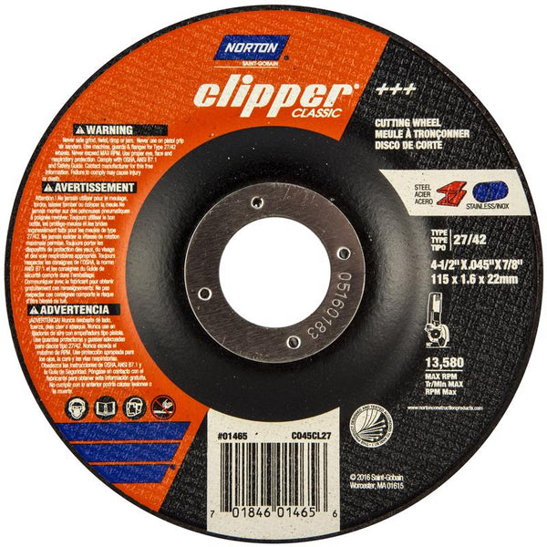 Disco de corte clásico de óxido de aluminio Norton Clipper de 4-1/2 pulg. de diámetro exterior y 7/8 pulg., paquete de 1