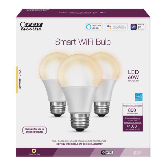 Feit LED Smart A19 E26 (Medium) Smart-Enabled LED Smart WiFi Bulb Soft White 60 Watt Equivalence 3 p